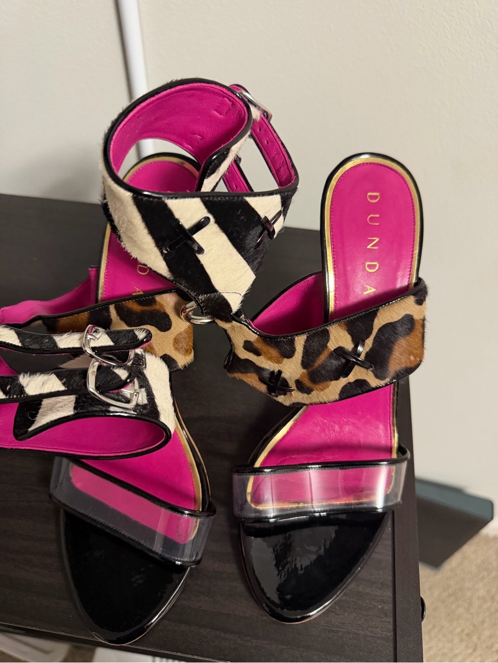 DUNDAS Hot Pink Leopard & Zebra Strap Heels